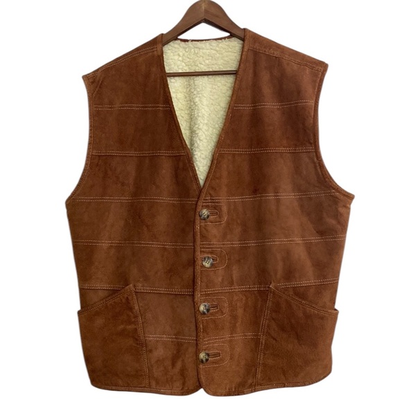 Vintage Vest Mens XL Brown Leather Cream Faux Shearling Fleece Reversible - Picture 1 of 16